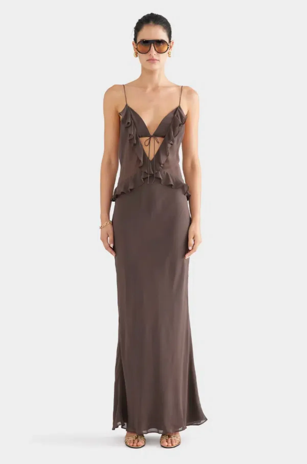Venroy Silk Bralette Ruffle Maxi Dress in Brown Size XS / AU 6  - Image 1