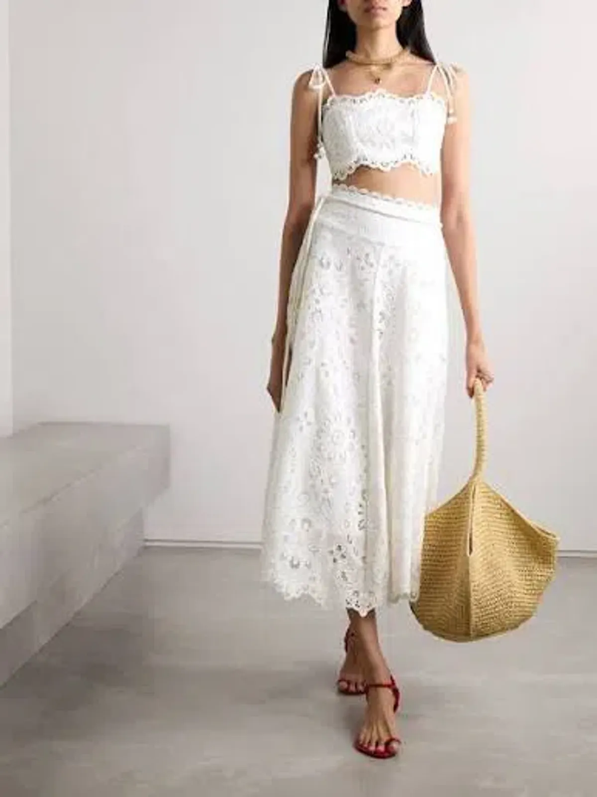 Zimmermann Ottie Cotton Guipure Lace Midi Skirt And Embroidered Bodice Set Ivory Size 0/Au 8 - Image 6