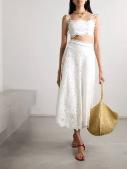Zimmermann Ottie Cotton Guipure Lace Midi Skirt And Embroidered Bodice Set Ivory Size 0/Au 8 for rent on The Volte - image 6