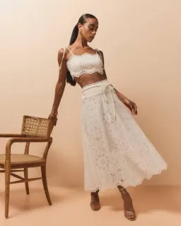 Zimmermann Ottie Cotton Guipure Lace Midi Skirt And Embroidered Bodice Set Ivory Size 0/Au 8 for rent on The Volte - image 1