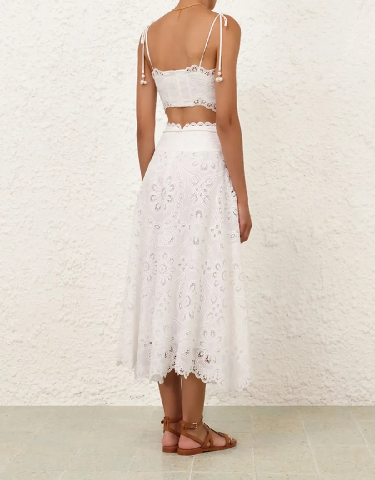 Zimmermann Ottie Cotton Guipure Lace Midi Skirt And Embroidered Bodice Set Ivory Size 0/Au 8 - Image 3
