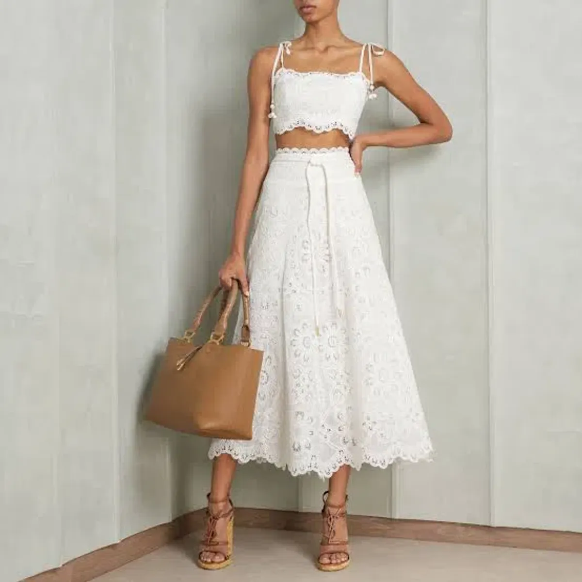 Zimmermann Ottie Cotton Guipure Lace Midi Skirt And Embroidered Bodice Set Ivory Size 0/Au 8 - Image 2