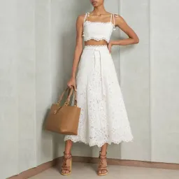 Zimmermann Ottie Cotton Guipure Lace Midi Skirt And Embroidered Bodice Set Ivory Size 0/Au 8 for rent on The Volte - image 2