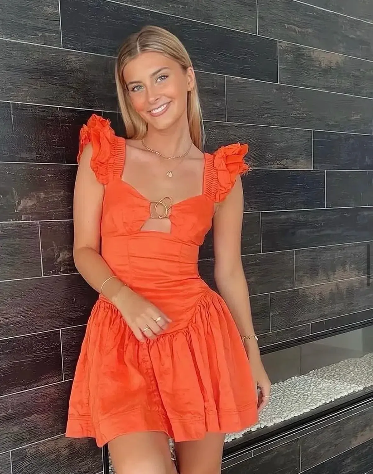 AJE Simone Frill Dress Orange Size 8 - Image 3