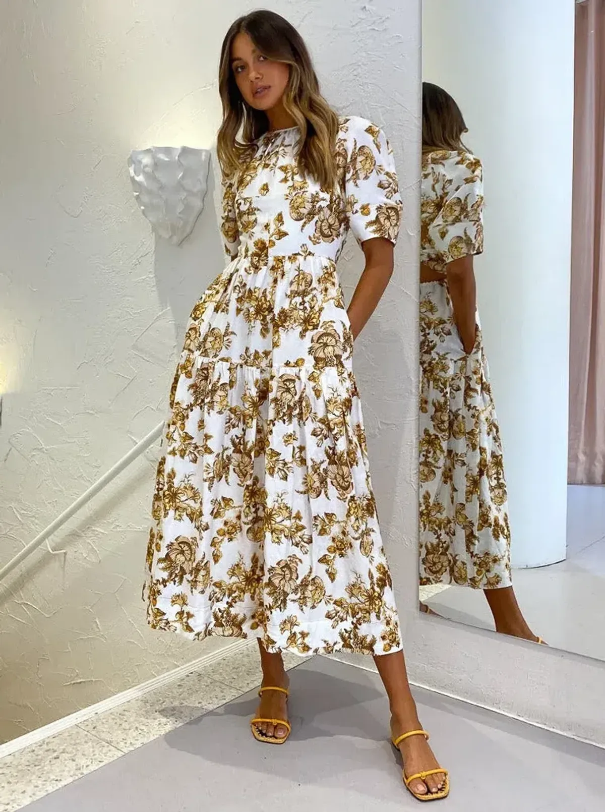 SHONA JOY BELLA LINEN SHORT SLEEVE MIDI DRESS FLORAL SIZE 8 / S - Image 1