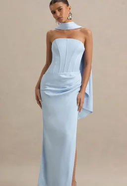 JOSELINE POWDER BLUE SATIN CORSET WRAP MAXI DRESS WITH SCARF for rent on The Volte - image 2