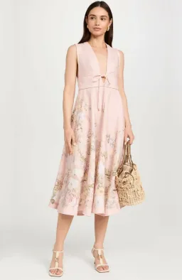 Zimmermann Waverly Plunge Linen Midi Dress Pink Floral Size 2 / AU 12 for rent on The Volte - image 1