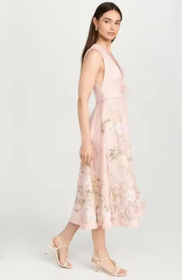 Zimmermann Waverly Plunge Linen Midi Dress Pink Floral Size 2 / AU 12 for rent on The Volte - image 3