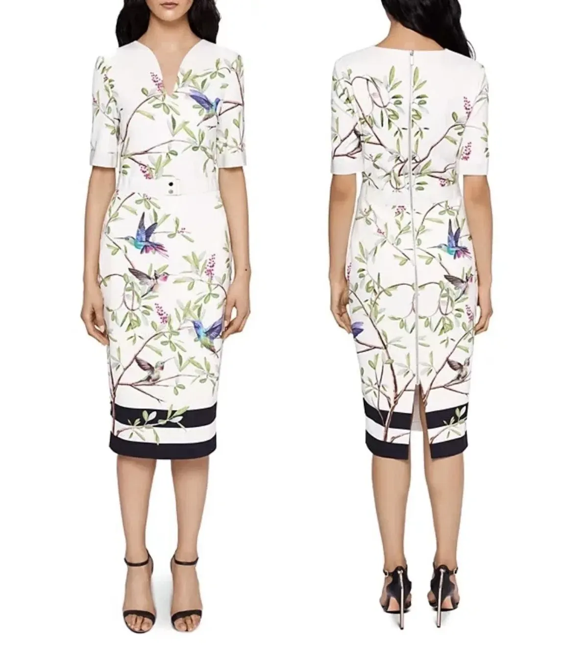 TED BAKER Everely Highgrove Hummingbird Branch Blossom Midi Dress sz 2 uk 10 Au - Image 6