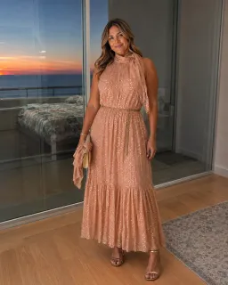 Zimmermann Blush Metallic Lurex Tie Neck Midi Dress – Size 3 / AU 12–14 for rent on The Volte - image 4
