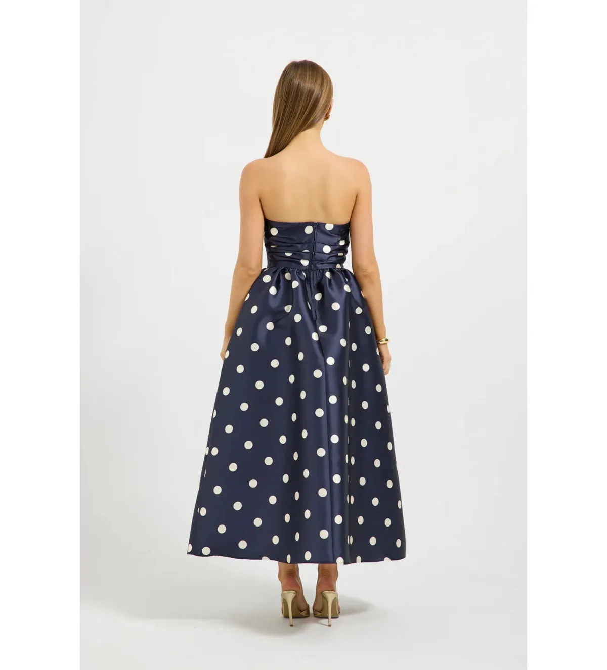 Pasduchas Dottie Strapless Midi Dress in Navy/Cream Size AU8 - Image 3