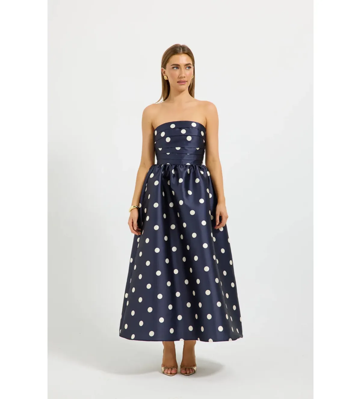 Pasduchas Dottie Strapless Midi Dress in Navy/Cream Size AU8 - Image 1