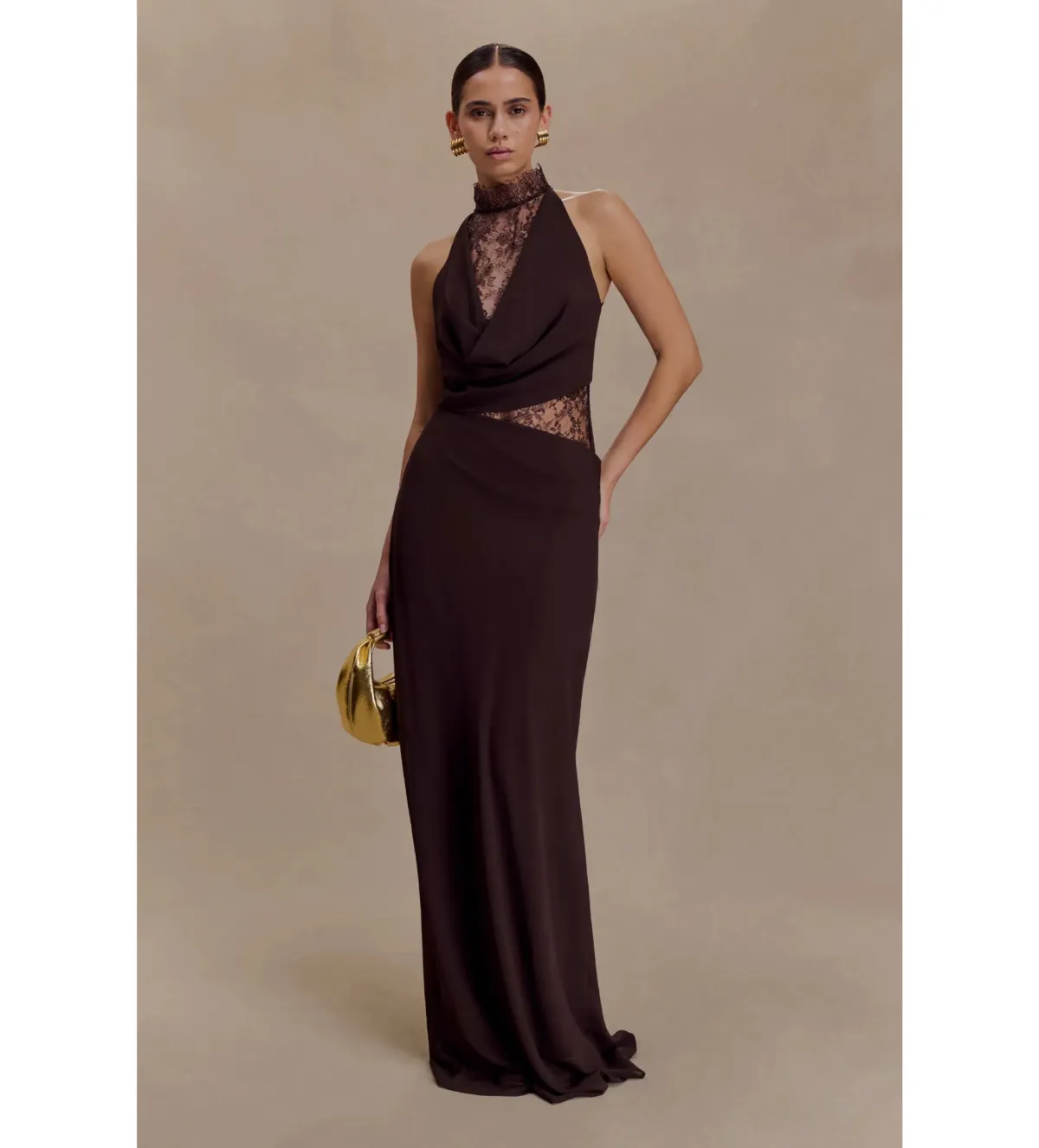 MESHKI Arra Chiffon and Lace Halter Maxi Dress Cacao Brown Size XS / AU 6 - Image 1