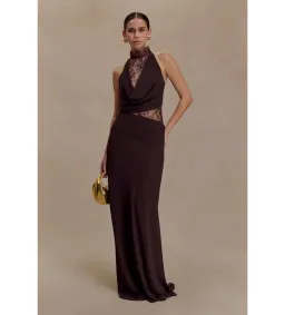MESHKI Arra Chiffon and Lace Halter Maxi Dress Cacao Brown Size XS / AU 6 for rent on The Volte - image 1