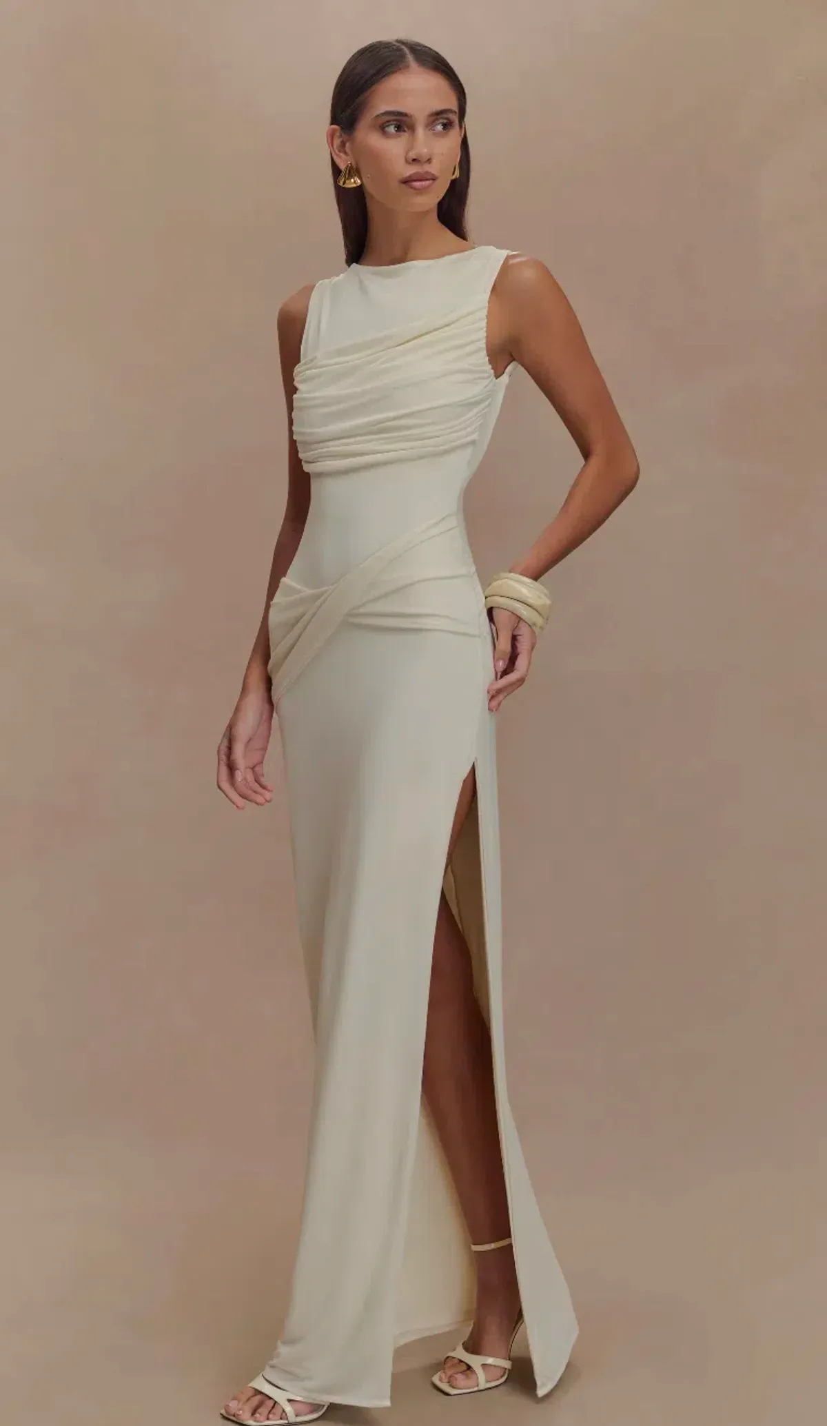 Meshki Henley - Backless Slinky Drape Maxi Dress - Ivory - Image 3