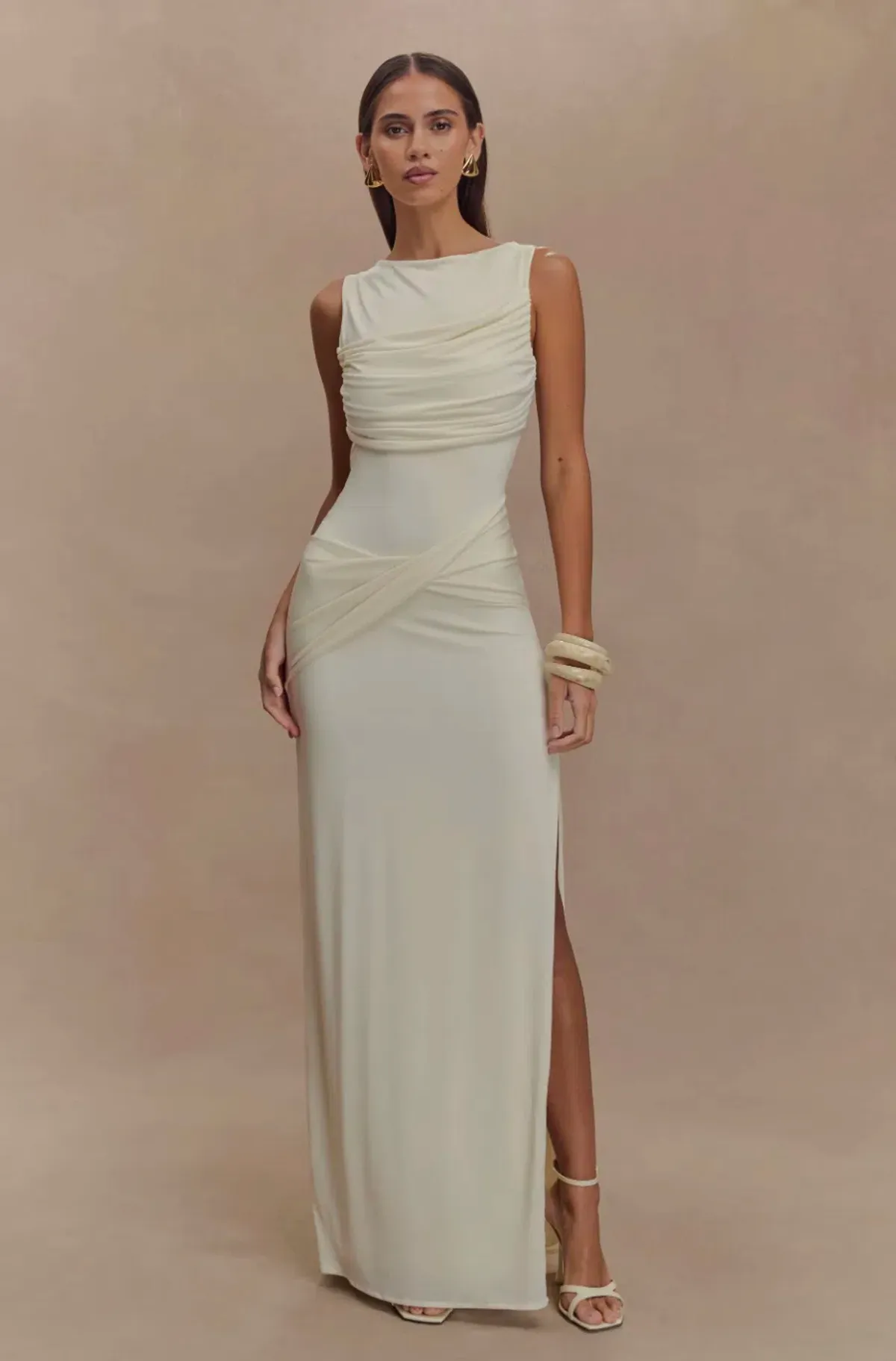 Meshki Henley - Backless Slinky Drape Maxi Dress - Ivory - Image 1