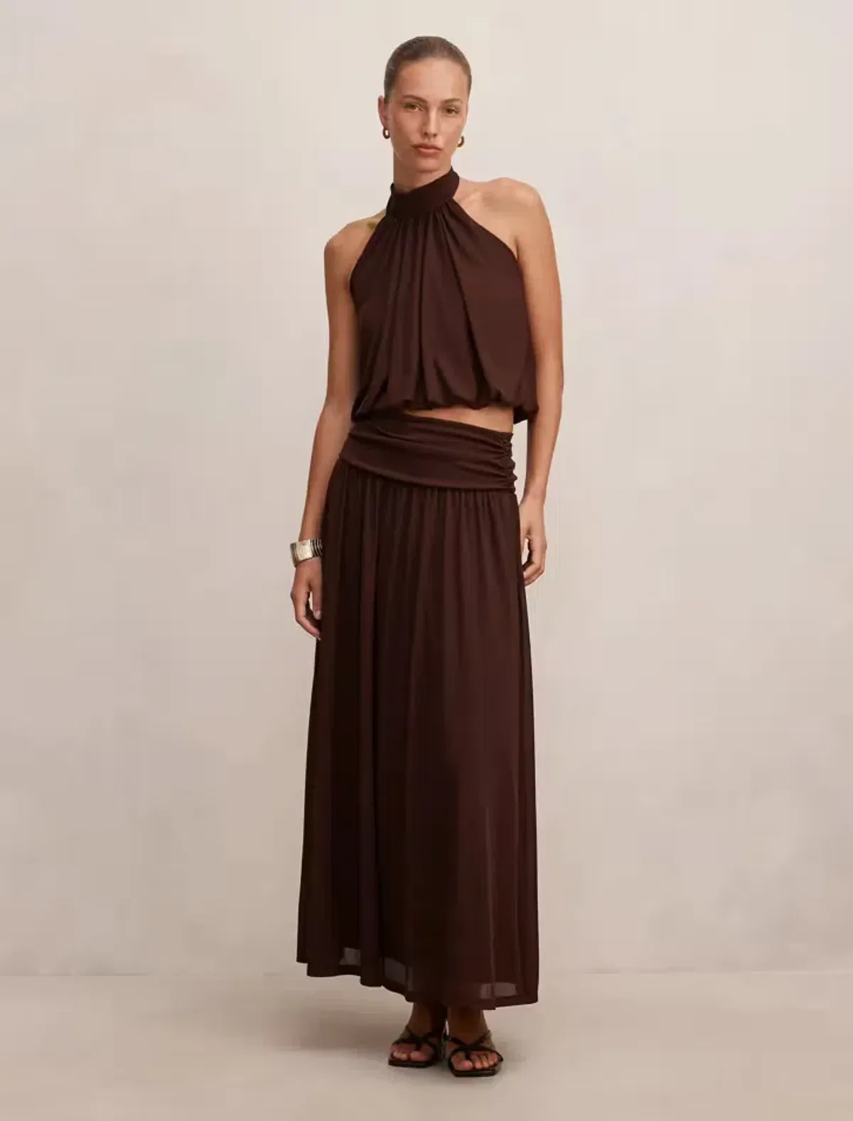 Forever New Layne Bubble Waist Halter Top and Layne Gathered Basque Maxi Skirt Brown Size 8 - Image 2