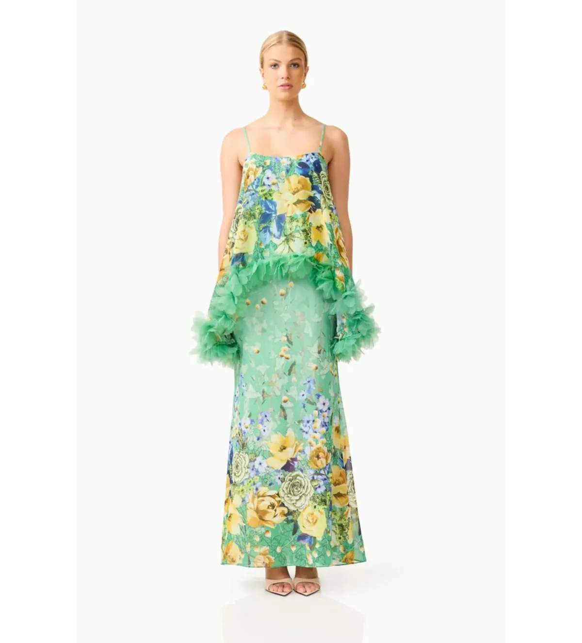 Elliatt Jamie Tiered Maxi Dress in Green Floral Size S/AU8 - Image 1