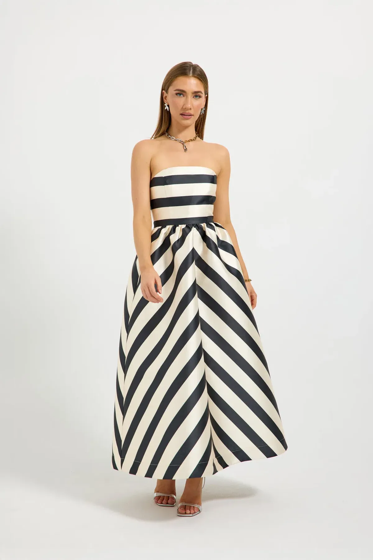 Pasduchas Valerie Strapless Midi Dress in Black/Cream Size AU 8 - Image 1