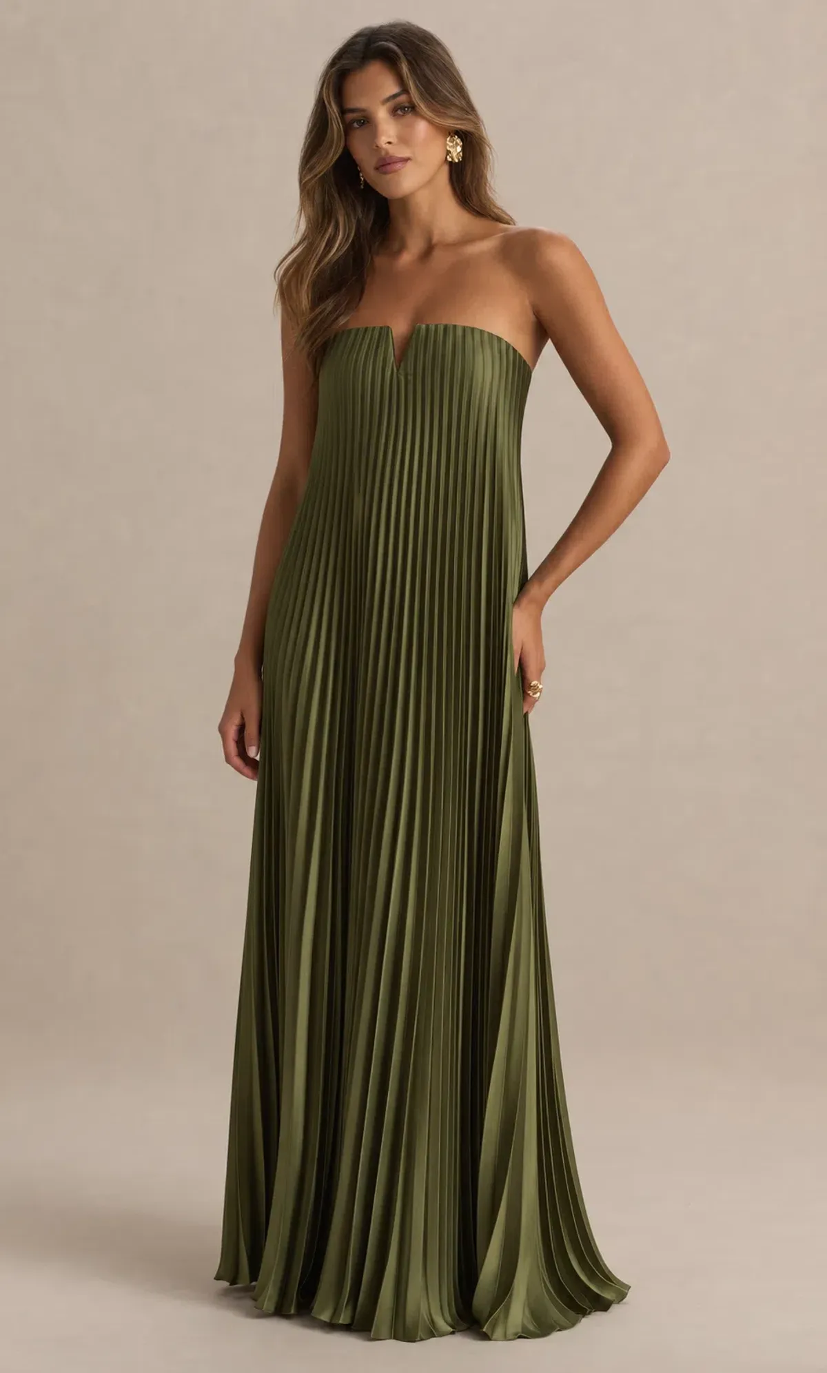 Bergamot | Olive Satin Sweetheart Maxi Dress  - Image 1