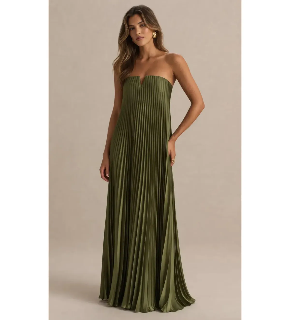 Club L London Bergamot Satin Sweetheart Maxi Dress Olive Size 8 - Image 1