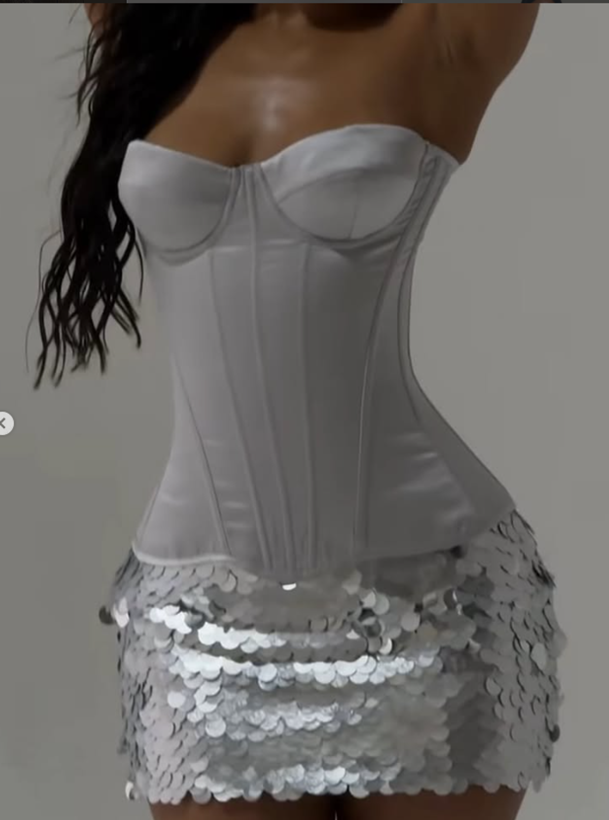 MARS THE LABEL SHIMMI SEQUIN MICRO MINI SKIRT & SASHA SATIN CORSET TOP IN SILVER Size 8 - Image 1