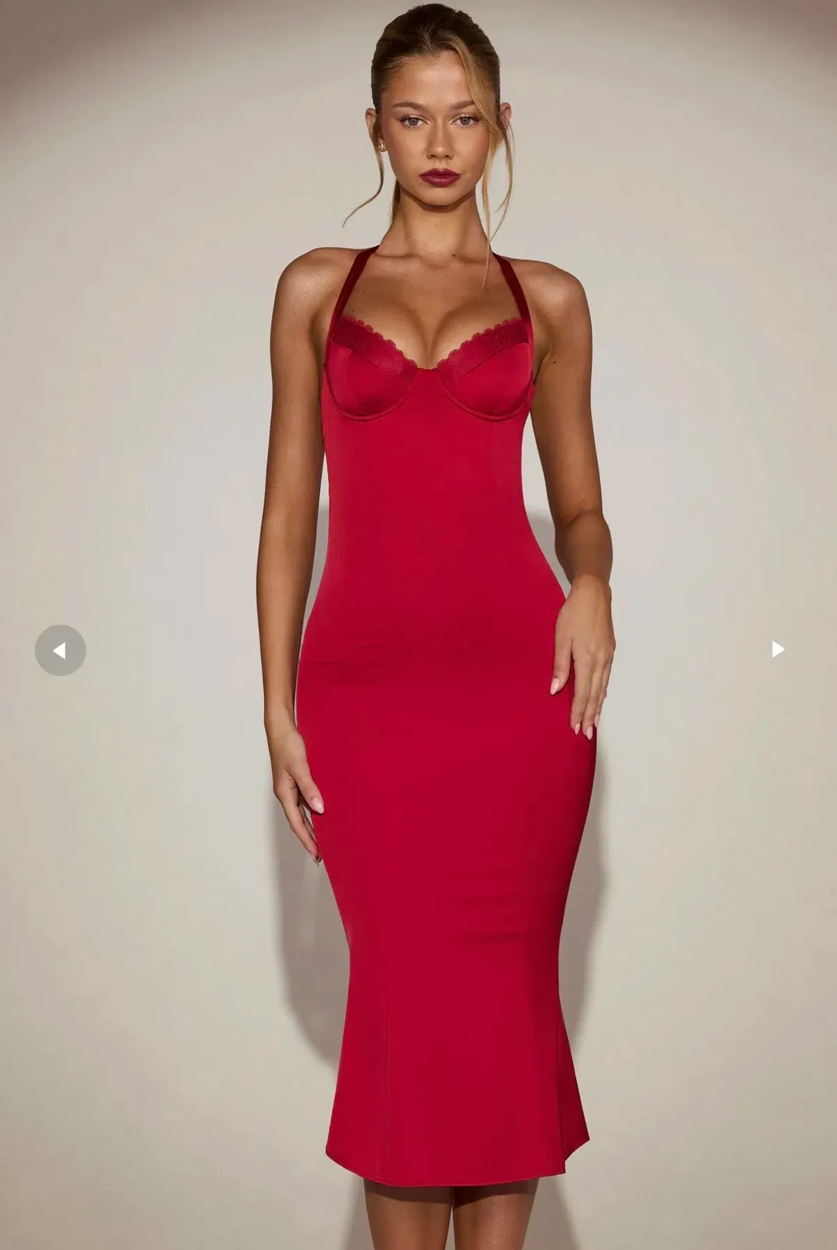 Oh Polly Elyra Satin Sweetheart Bustier Fishtail Midaxi Dress in True Red - Image 2