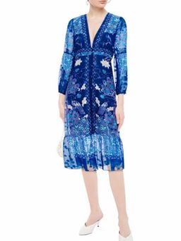 Anna Sui Ruched Printed Silk Chiffon Midi Dress Blue Size US 6 (UK 10) for rent on The Volte - image 1