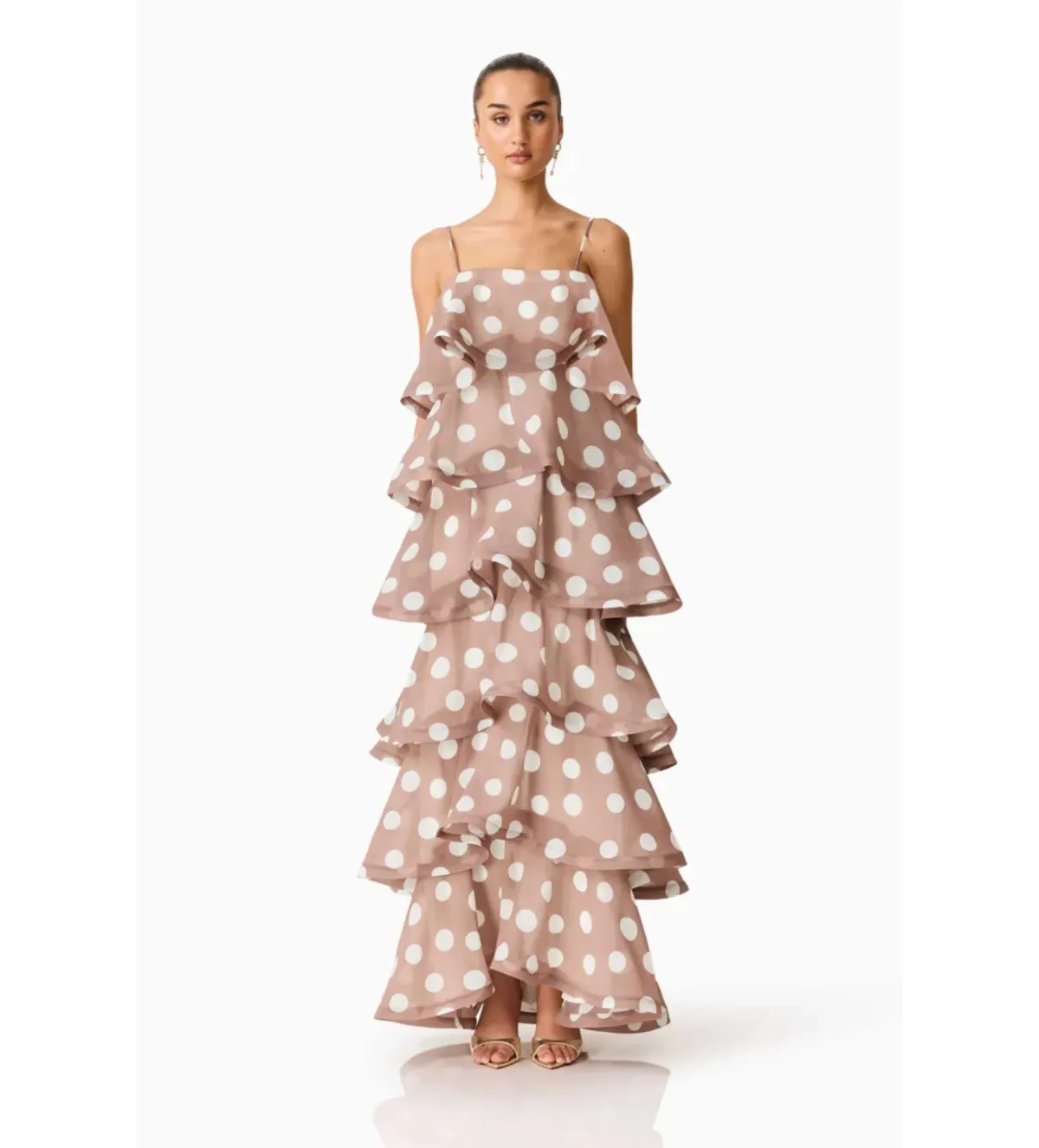 Elliatt Sola Tiered Maxi Dress in Brown Polkadot Size M/AU10 - Image 1