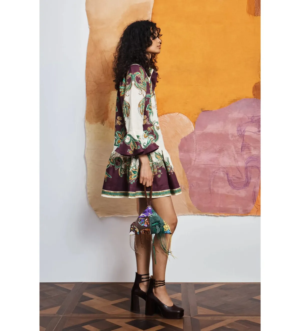 Alemais Ruthie Mini Dress in Plum/Green Paisley Size AU14 - Image 2