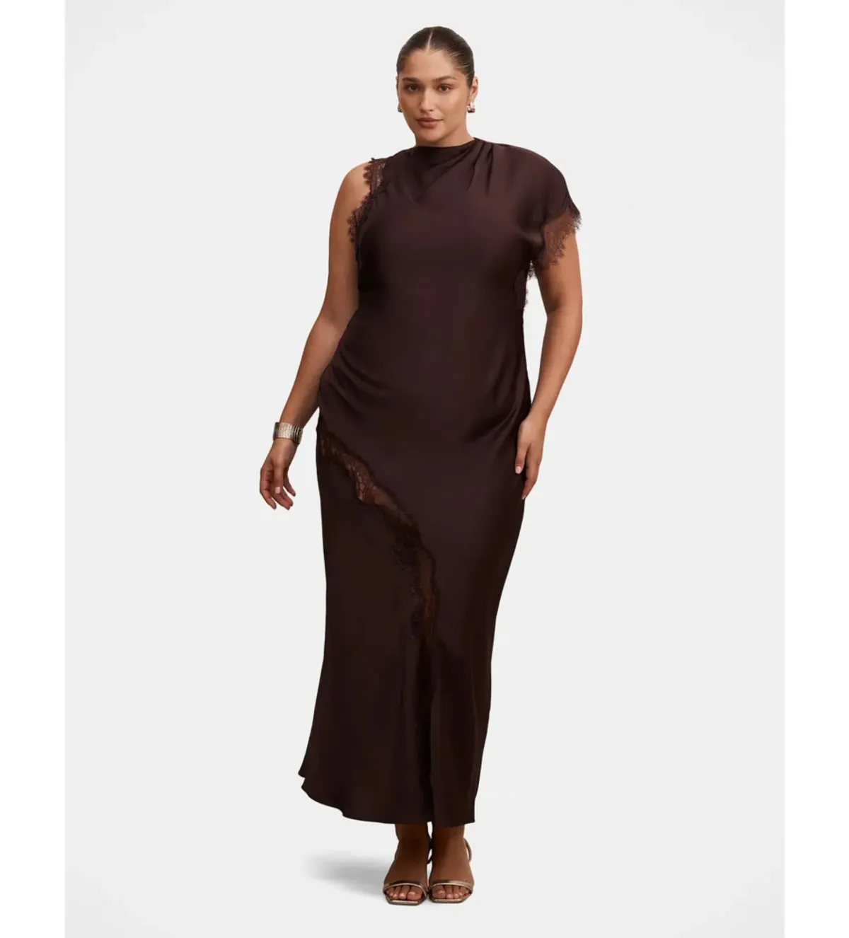 Forever New Kody Satin Lace Asymmetric Dress in Brown Size AU18 - Image 1