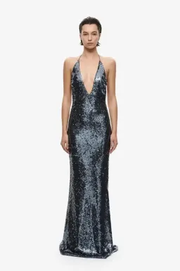 BRAND NEW 🩶 Misha "THE PLUNGE" Silver Sequin Jersey Maxi Dress - Size L / 12 AU - Gunmetal Grey Gown 🩶 for rent on The Volte - image 1