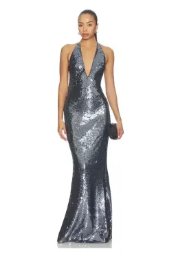 BRAND NEW 🩶 Misha "THE PLUNGE" Silver Sequin Jersey Maxi Dress - Size L / 12 AU - Gunmetal Grey Gown 🩶 for rent on The Volte - image 5