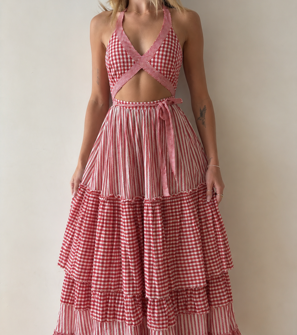 Gul Hurgel tiered Gingham Cut Out Tie Up Midi Dress, size XS - Image 2