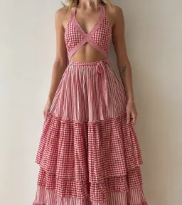 Gul Hurgel tiered Gingham Cut Out Tie Up Midi Dress, size XS for rent on The Volte - image 2