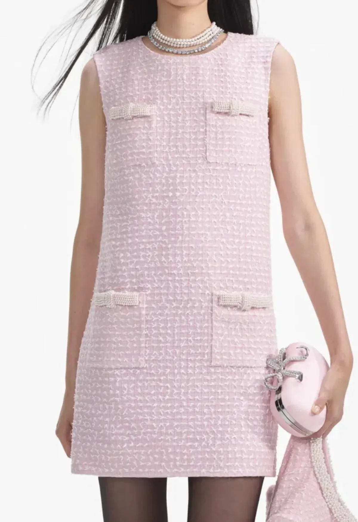 Self-Portrait Pink Bouclé Pearl Trim Mini Dress – Size 10 - Image 2