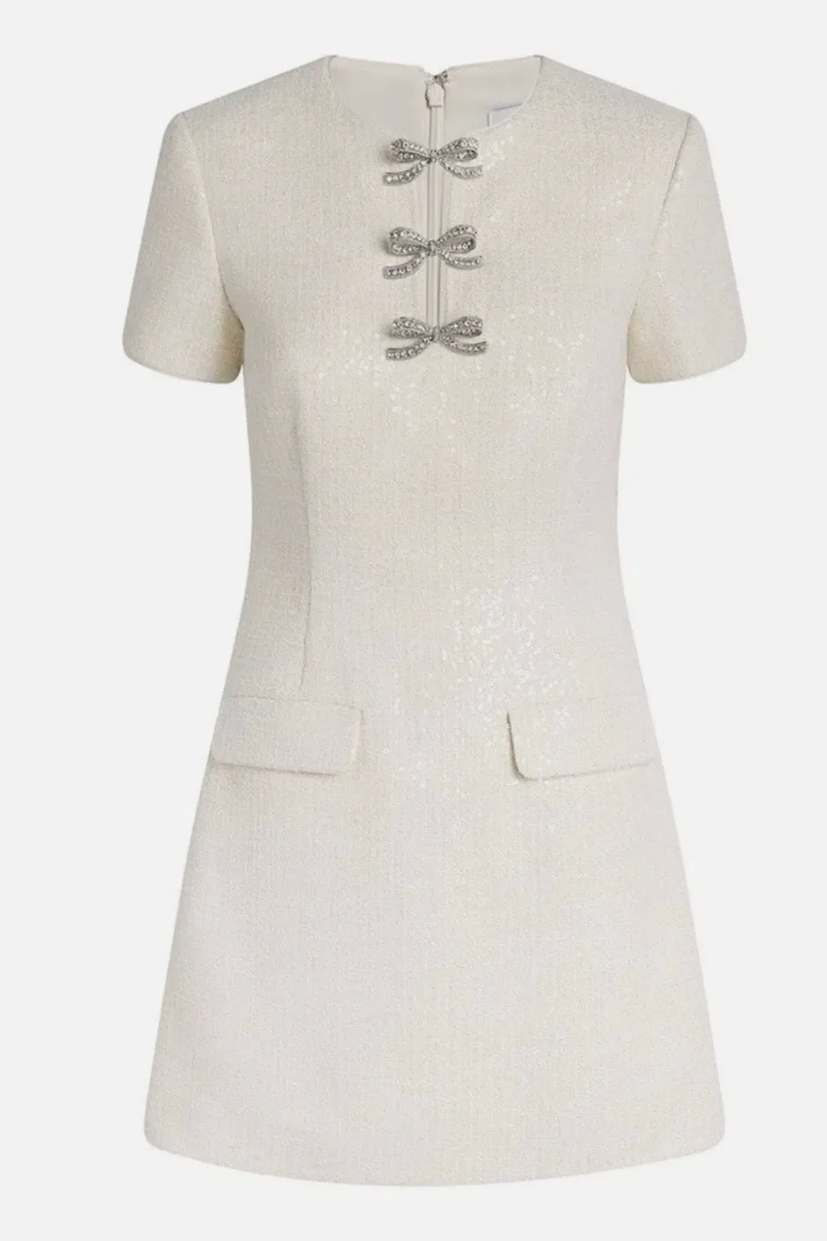 Self-Portrait Cream Sequin Bouclé Bow Mini Dress – Size 8 - Image 3