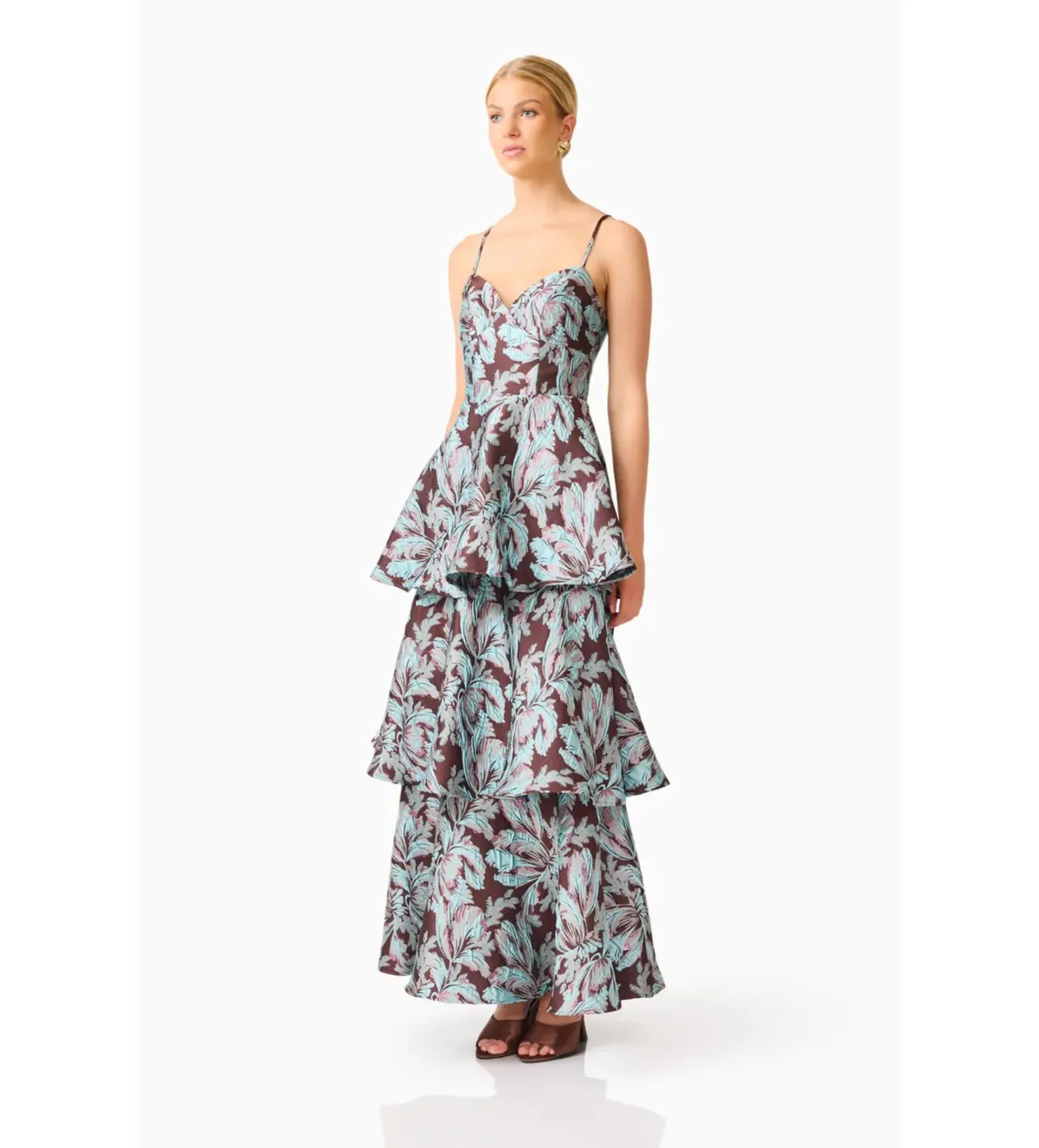 Elliatt Bloomia Tiered Gown in Brown & Blue Floral Size S/AU 8 - Image 3