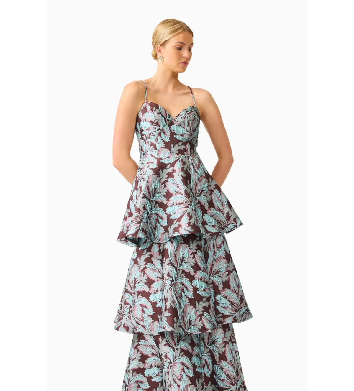 Elliatt Bloomia Tiered Gown in Brown & Blue Floral Size M/AU 10 - Image 2