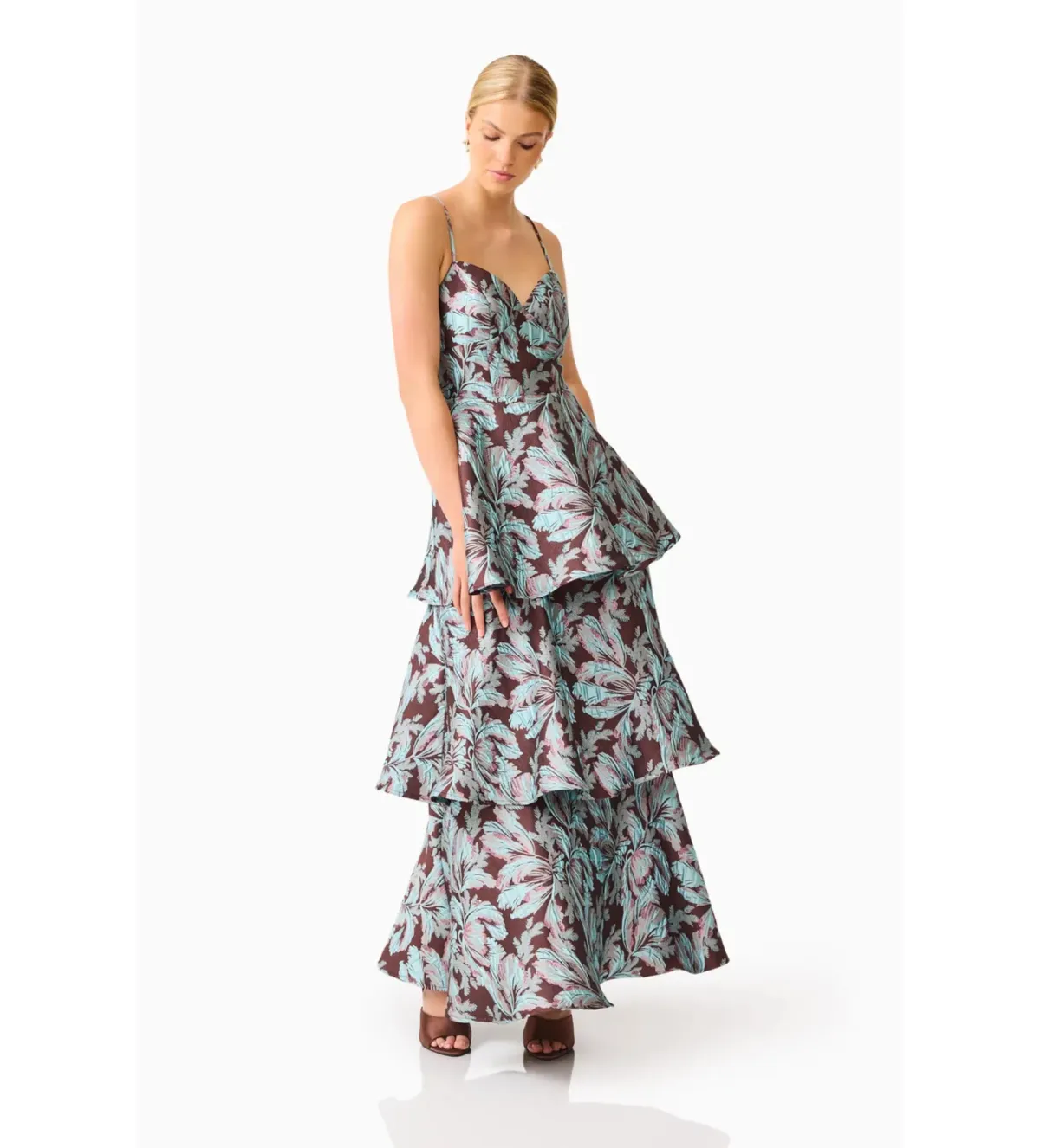Elliatt Bloomia Tiered Gown in Brown & Blue Floral Size L/AU 12 - Image 4