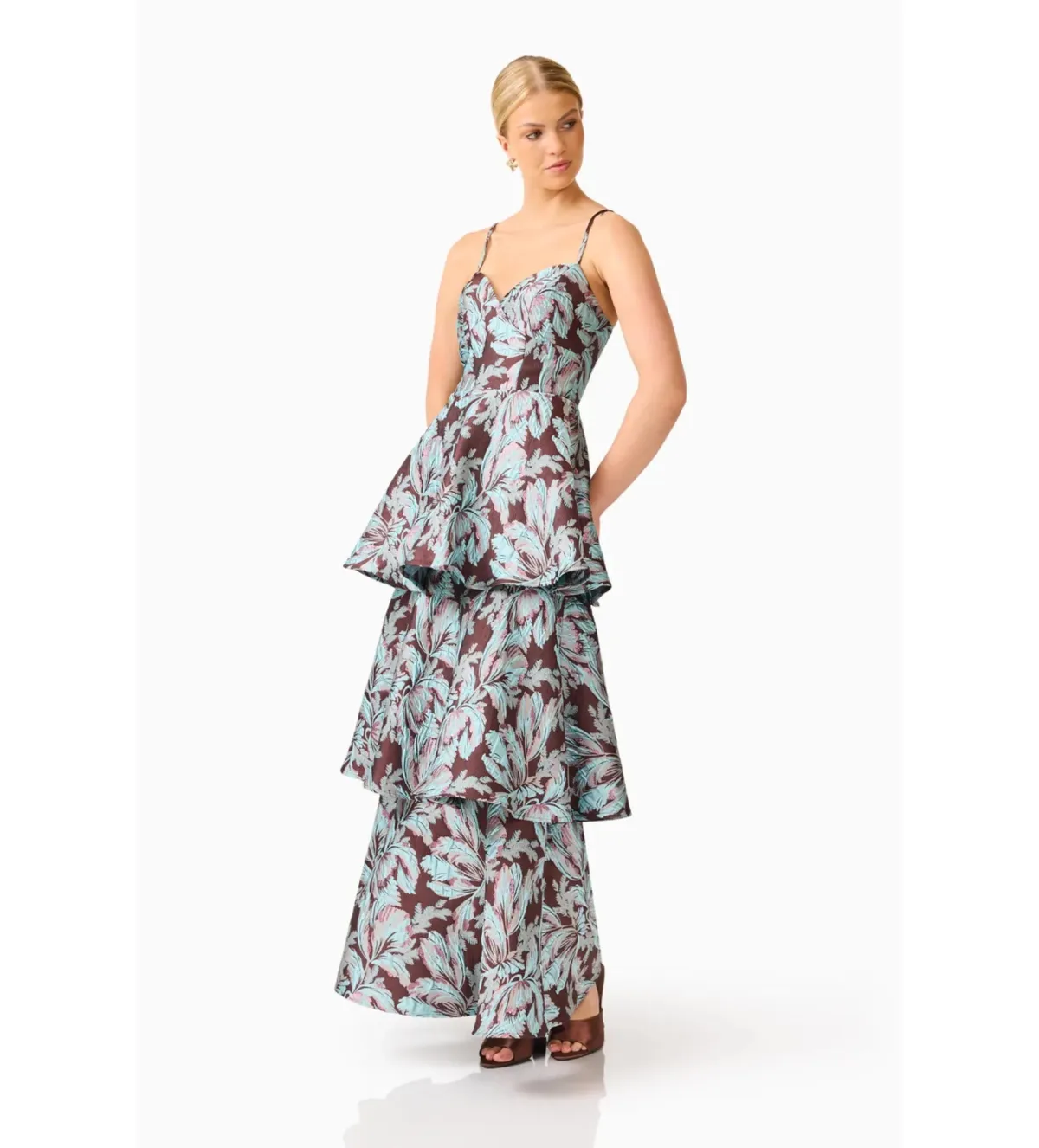 Elliatt Bloomia Tiered Gown in Brown & Blue Floral Size L/AU 12 - Image 6
