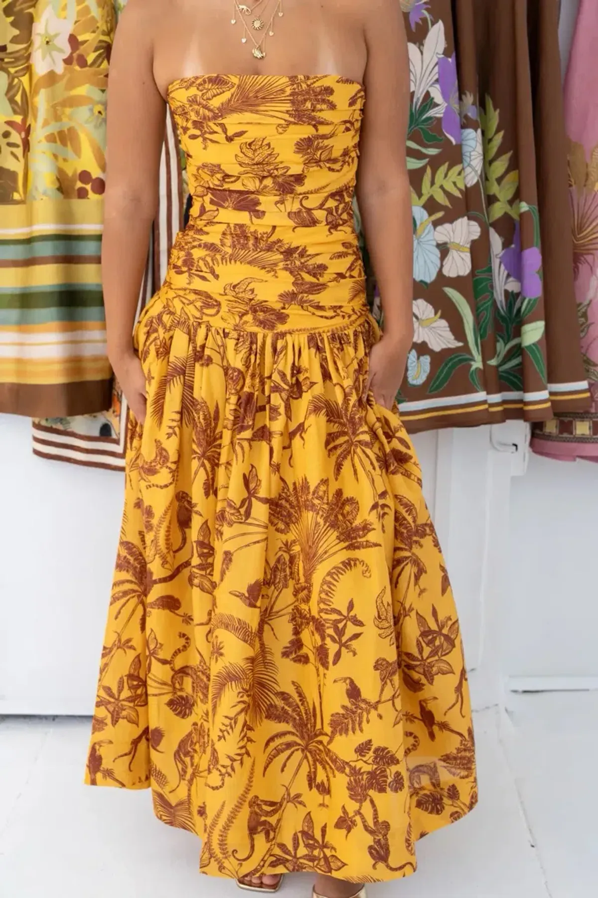 ALEMAIS Banana Blossom Ruched Gown Marigold Print Size 8 AU - Image 2