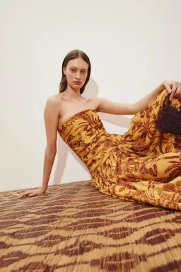 ALEMAIS Banana Blossom Ruched Gown Marigold Print Size 8 AU for rent on The Volte - image 5