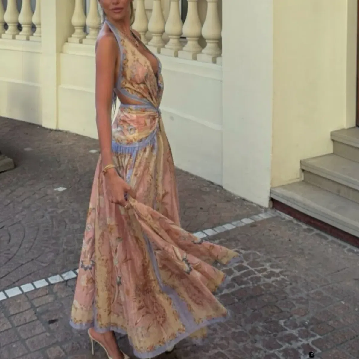 Zimmermann Indra Plunge Halter Maxi Dress Pink Scarf Floral Size 1 / AU 10 - Image 4