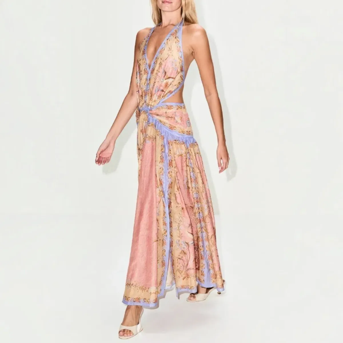 Zimmermann Indra Plunge Halter Maxi Dress Pink Scarf Floral Size 0 / AU 8 - Image 2