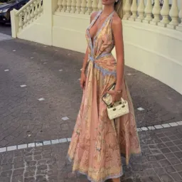 Zimmermann Indra Plunge Halter Maxi Dress Pink Scarf Floral Size 0 / AU 8 for rent on The Volte - image 4