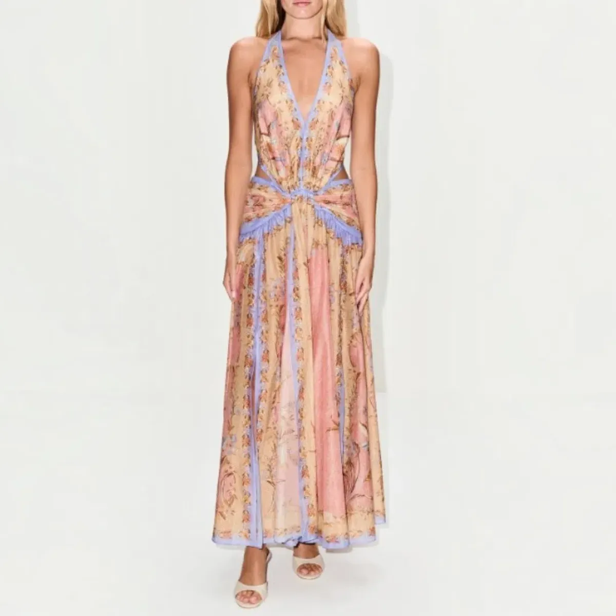 Zimmermann Indra Plunge Halter Maxi Dress Pink Scarf Floral Size 0 / AU 8 - Image 1