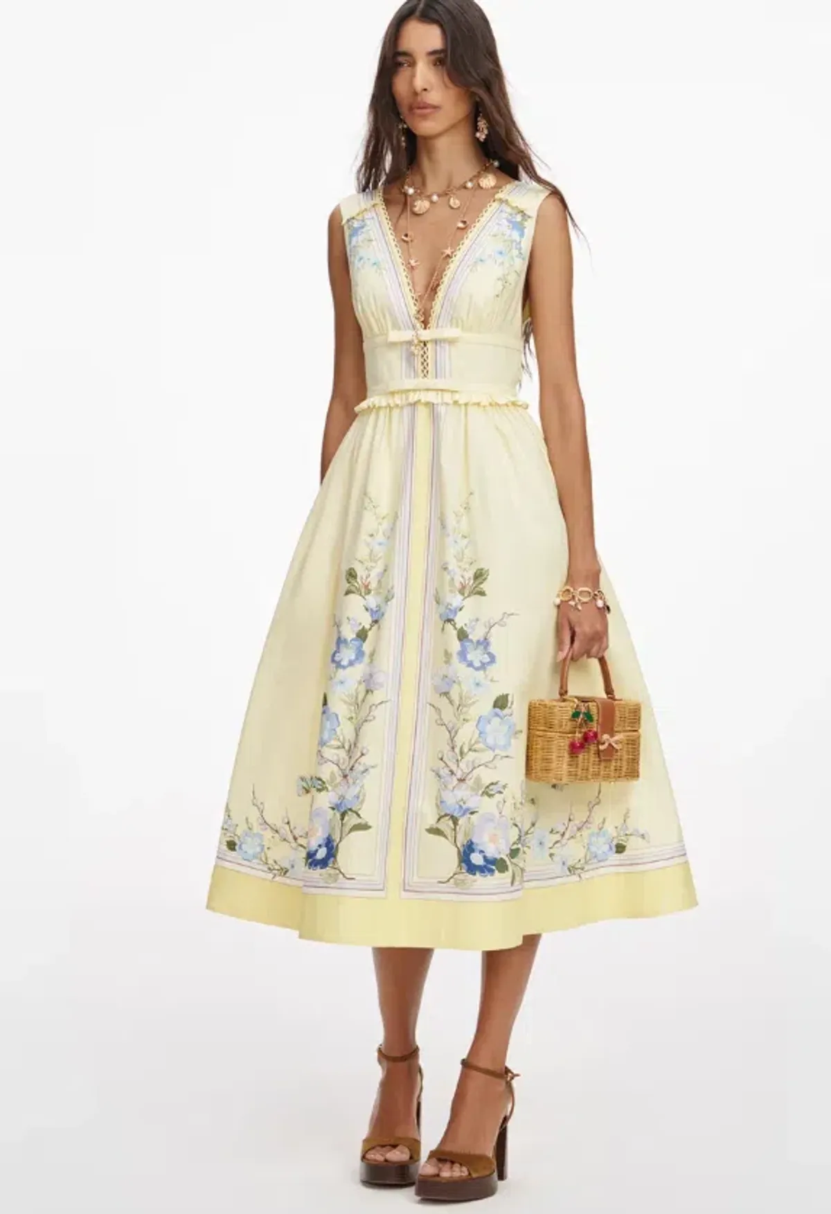 Self Portrait Yellow Floral Flared Midi Dress Size 14 - Image 1