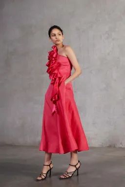 Aje Adelia Ruffle Midi Dress in Bougainvillea Red Size 16 for rent on The Volte - image 1