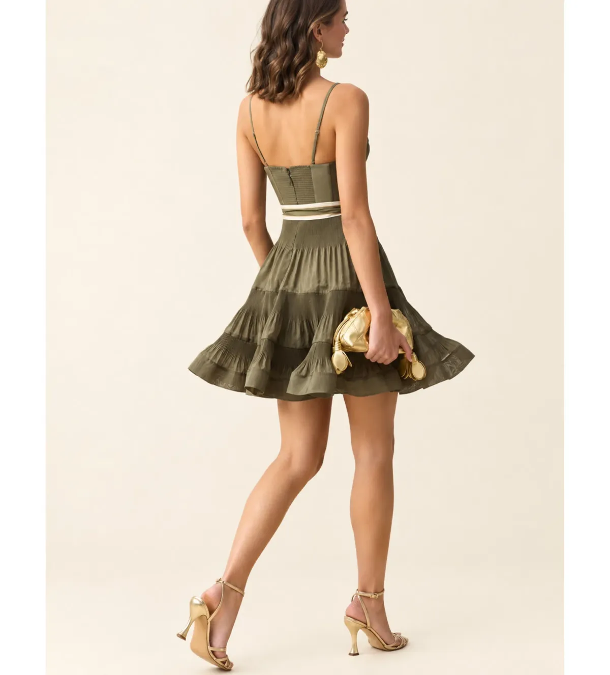 Zimmermann V Neck Pleated Mini Dress in Khaki Size 1/AU10 - Image 2